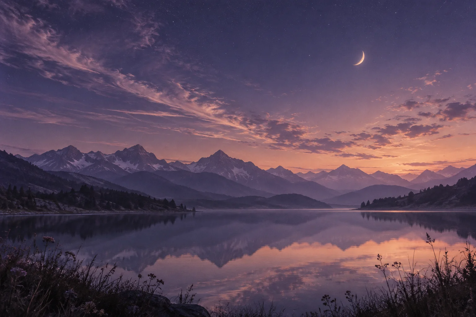 A crescent moon over mountain silhouettes and a still, lavender lake